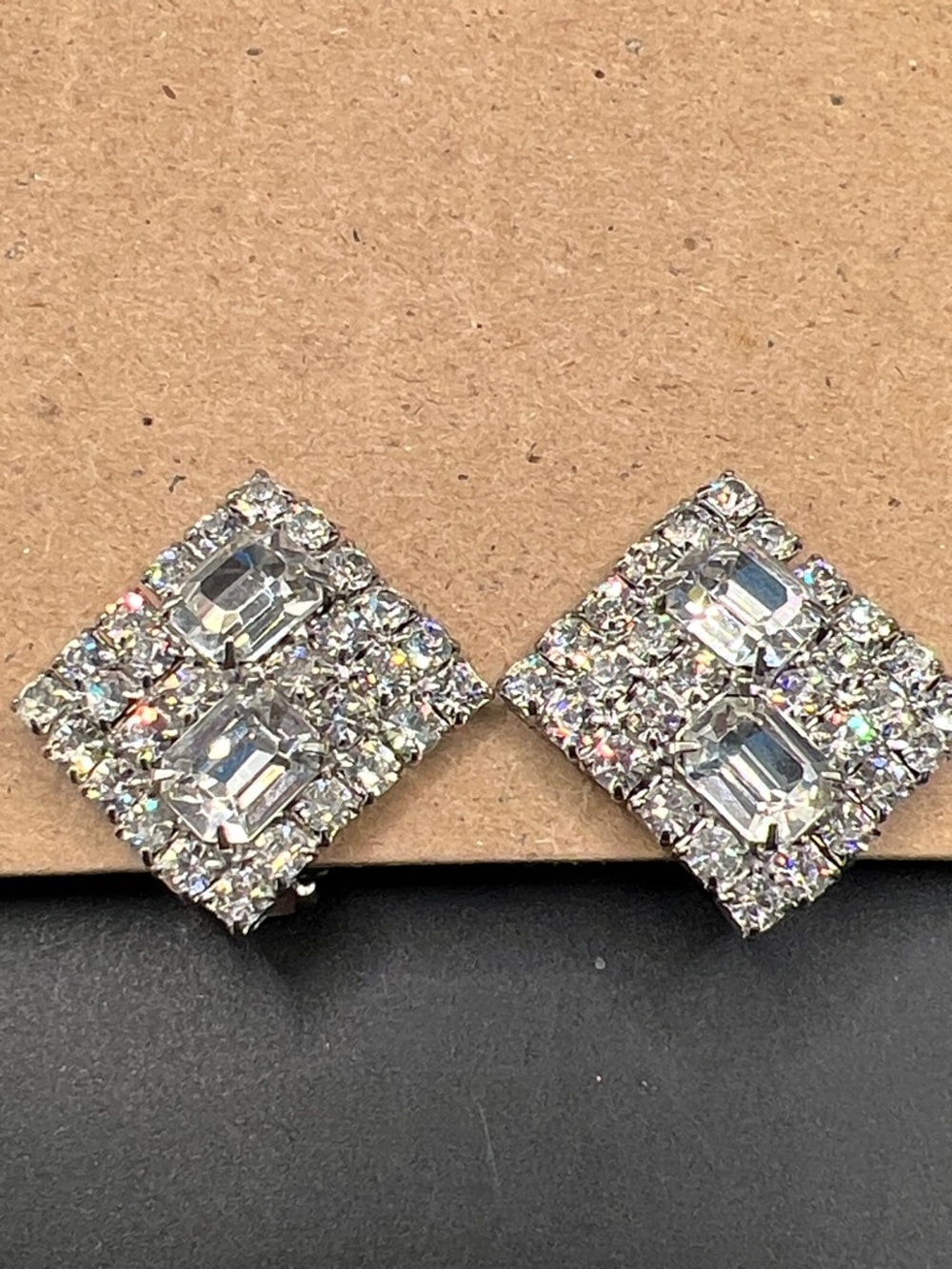 Vintage Clear Crystal Square Clip-On Earrings - Silver
